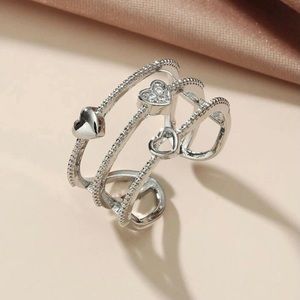 Silver & Rhinestone Stacked Hearts Ring